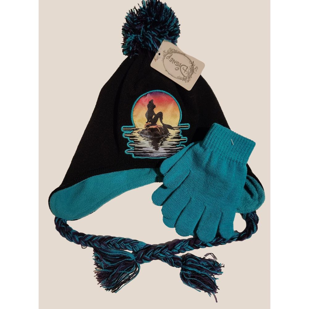 Disney The Little Mermaid Ariel Laplander Knit Winter Hat Black Teal Gloves Nwt